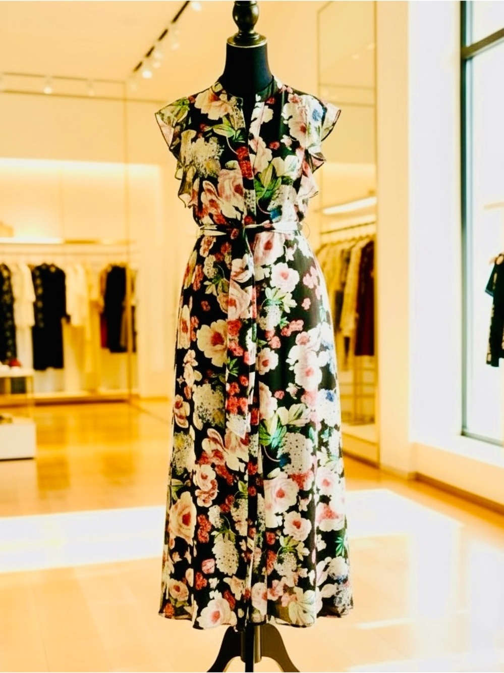 Who What Wear Black Floral Midi Dress with Pink and White Blooms - Size XS, New